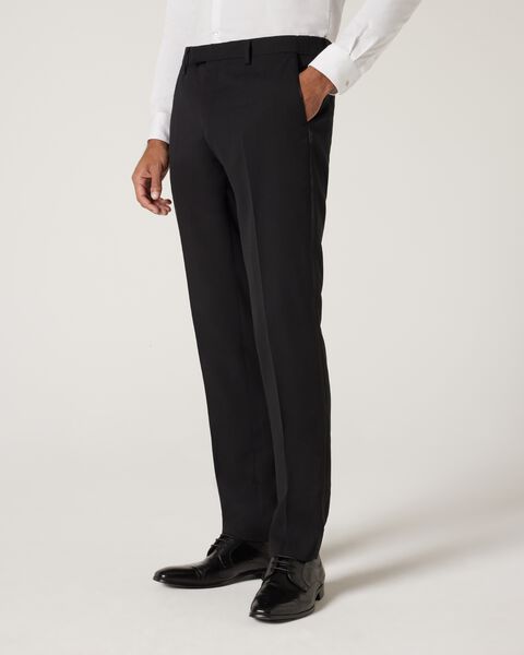 Slim fit premium wool silk tuxedo pant with satin side stripe, Black, hi-res